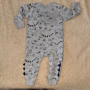 5/$20 Carter's Gray Dinosaur Print sweatshirt Romper, kangaroo pocket 12m